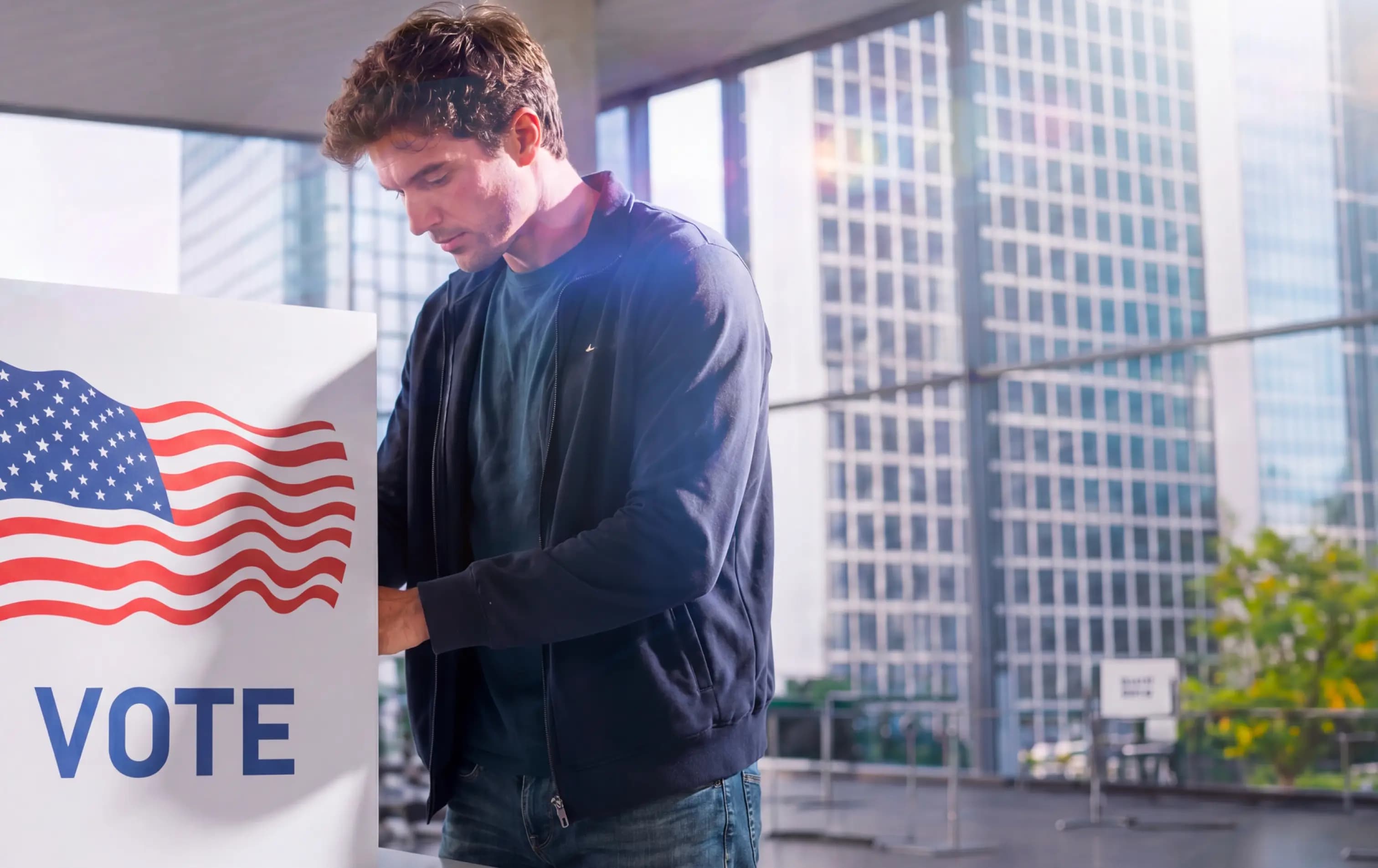 Person checking voter registration outside a polling place